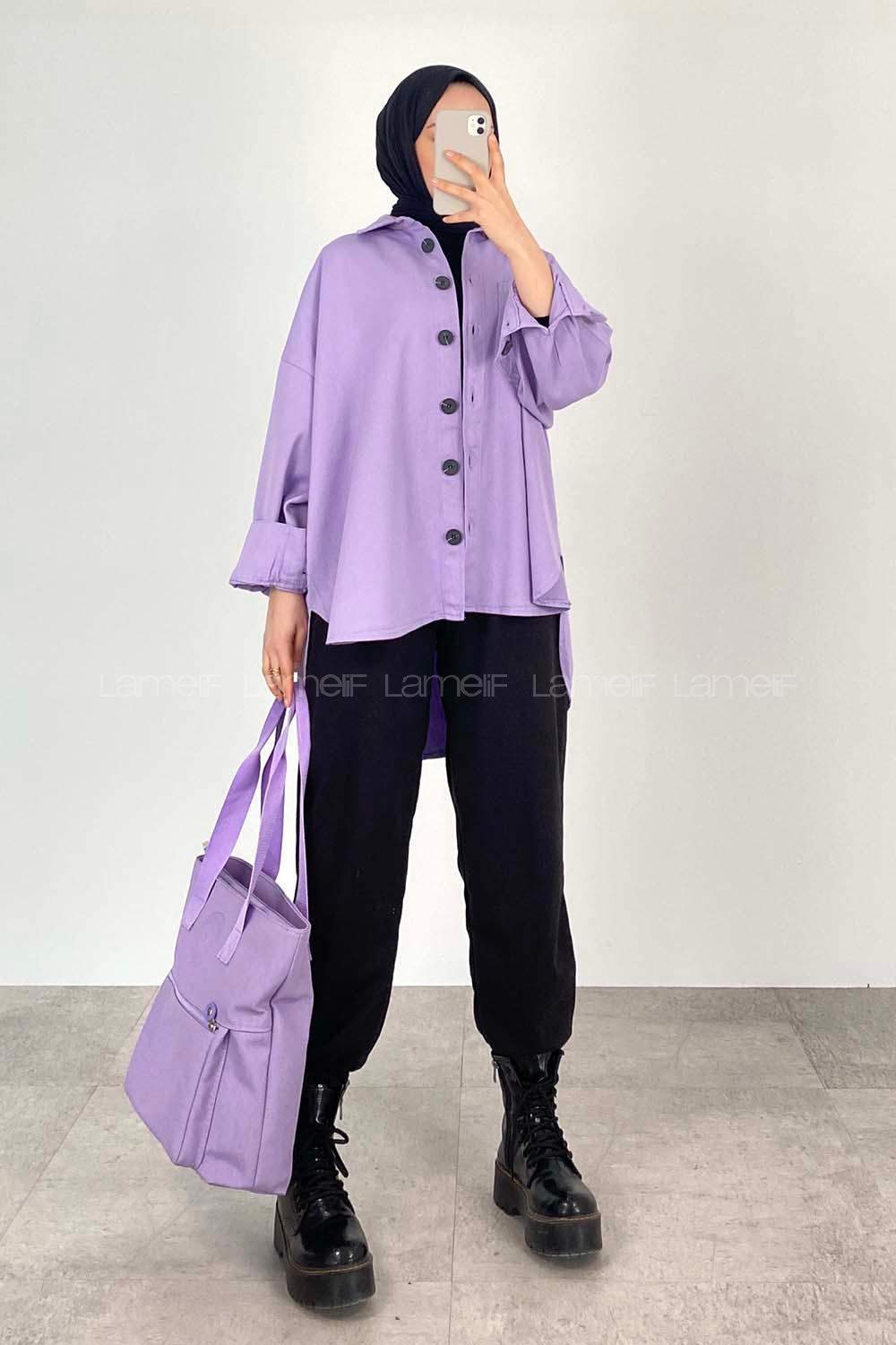 Modalamelif Arkası Baskılı Gabardin Ceket Lila