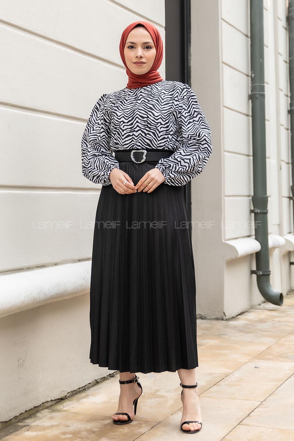 Modalamelif Bel Lastikli Balon Kol Zebra Desenli Bluz Siyah