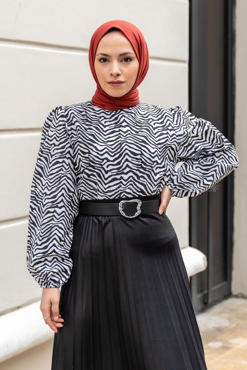 Modalamelif Bel Lastikli Balon Kol Zebra Desenli Bluz Siyah