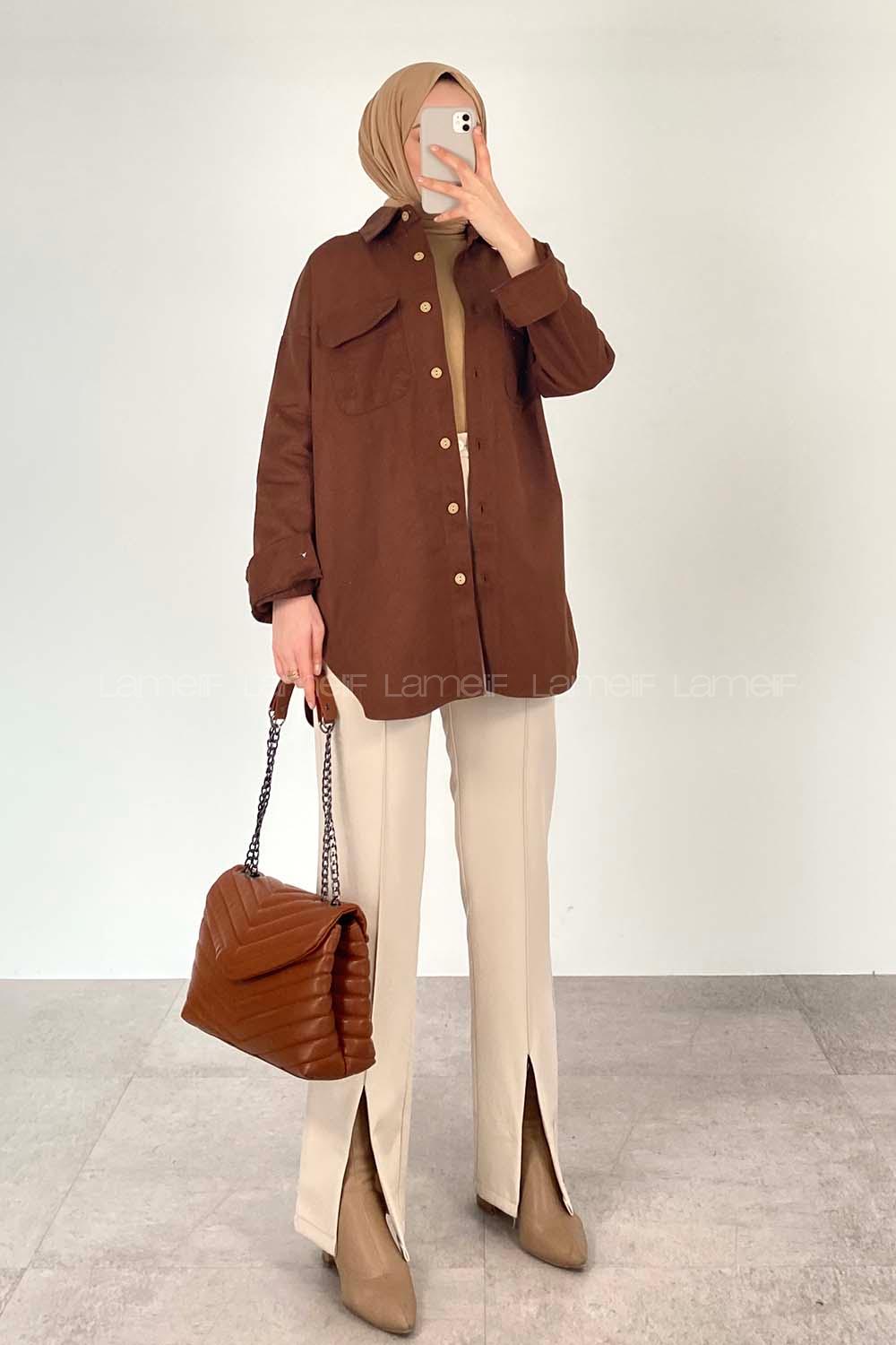Modalamelif Kapak Cepli Oversize Gömlek Acı Kahve