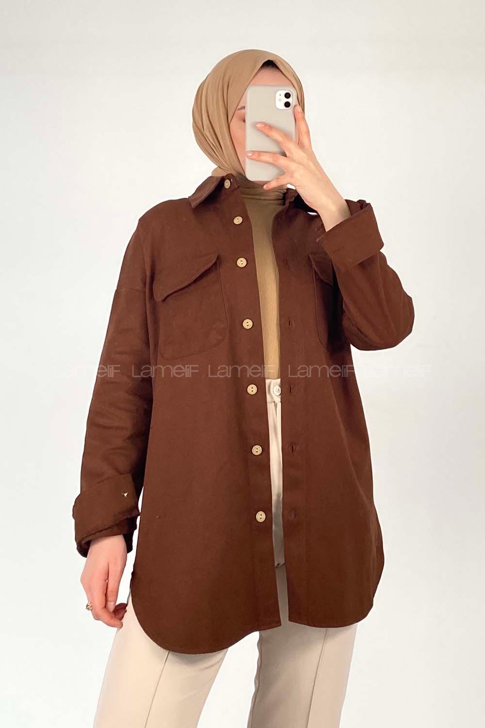 Modalamelif Kapak Cepli Oversize Gömlek Acı Kahve