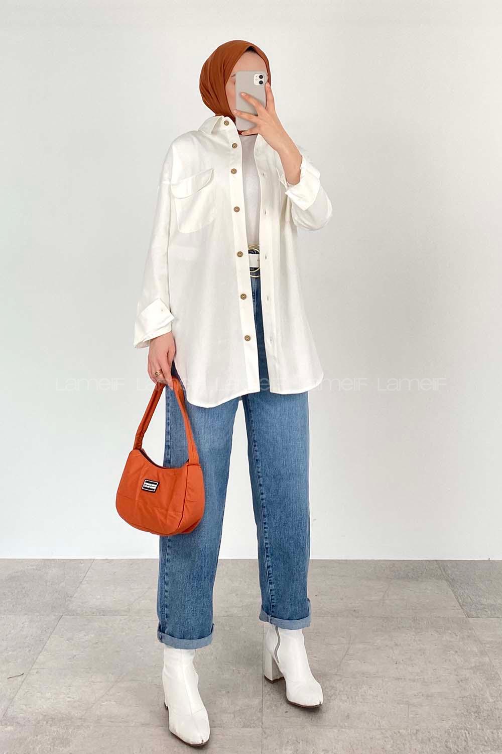 Modalamelif Kapak Cepli Oversize Gömlek Ekru