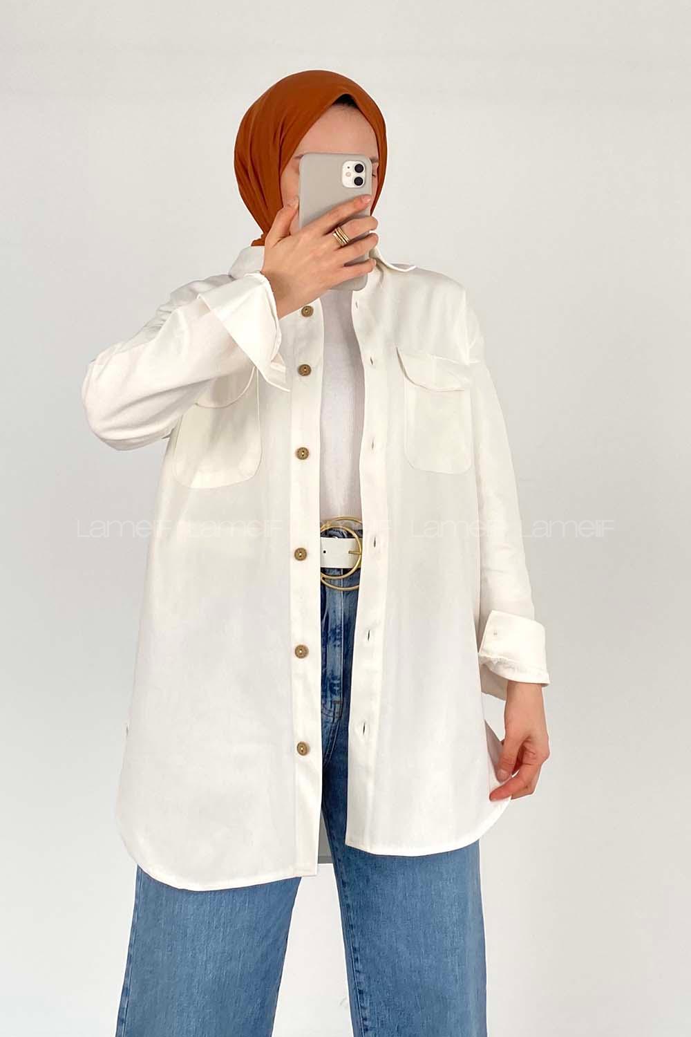 Modalamelif Kapak Cepli Oversize Gömlek Ekru