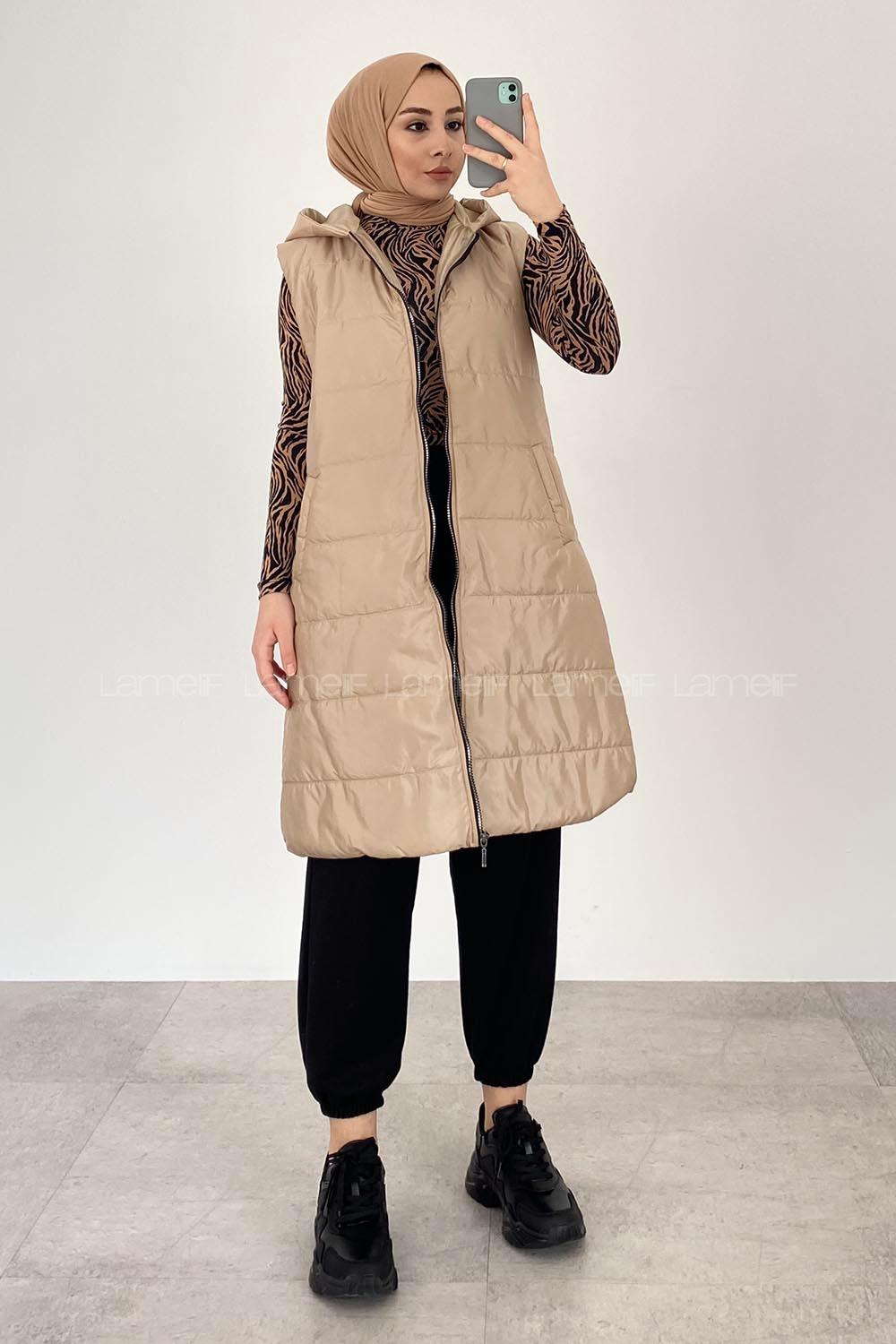 Modalamelif Kapüşonlu Çift Cepli Fermuarlı Şişme Mont Yelek Bej