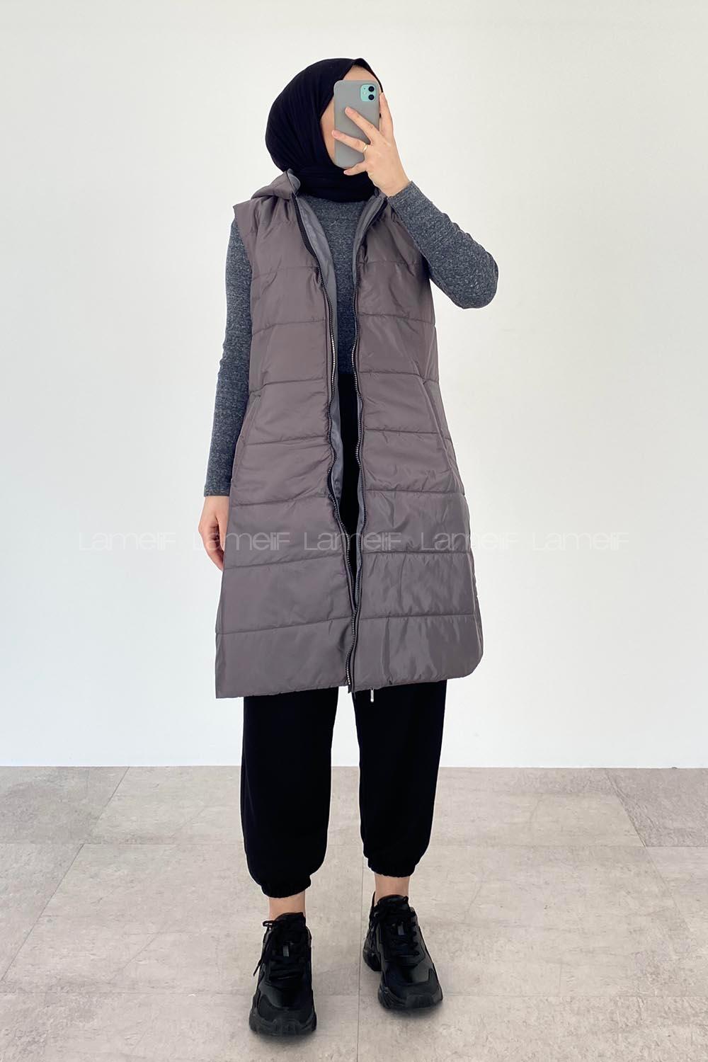 Modalamelif Kapüşonlu Çift Cepli Fermuarlı Şişme Mont Yelek Füme