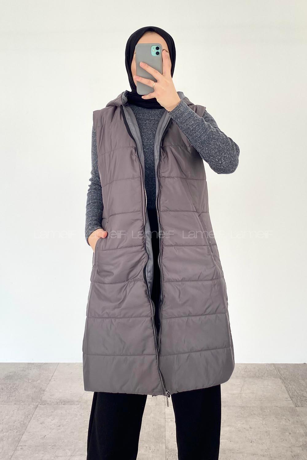 Modalamelif Kapüşonlu Çift Cepli Fermuarlı Şişme Mont Yelek Füme