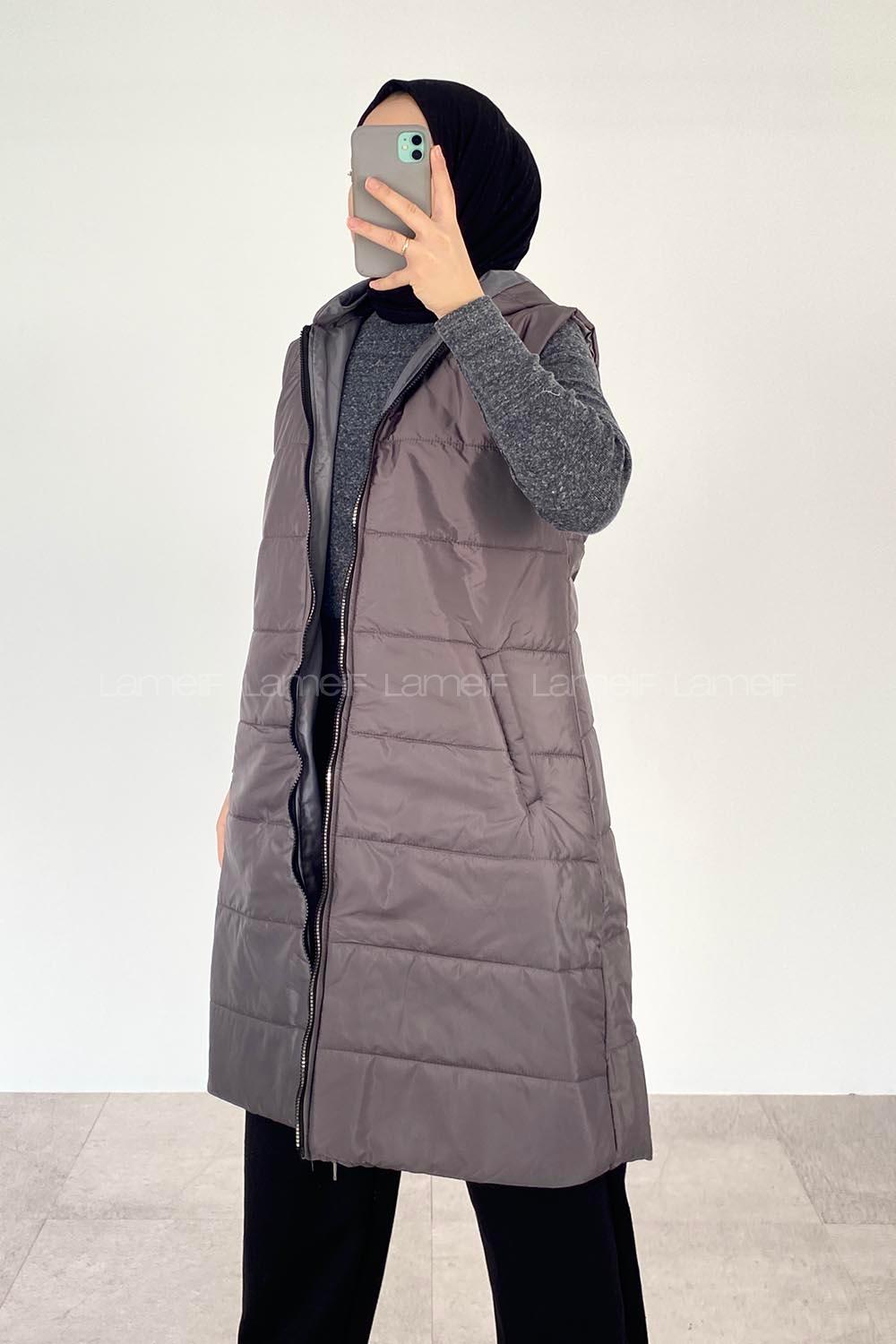 Modalamelif Kapüşonlu Çift Cepli Fermuarlı Şişme Mont Yelek Füme