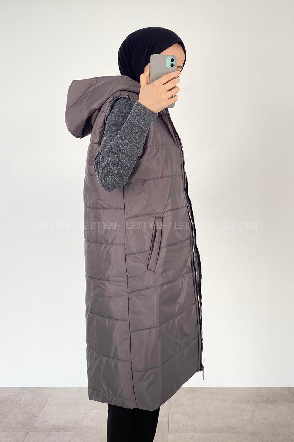 Modalamelif Kapüşonlu Çift Cepli Fermuarlı Şişme Mont Yelek Füme