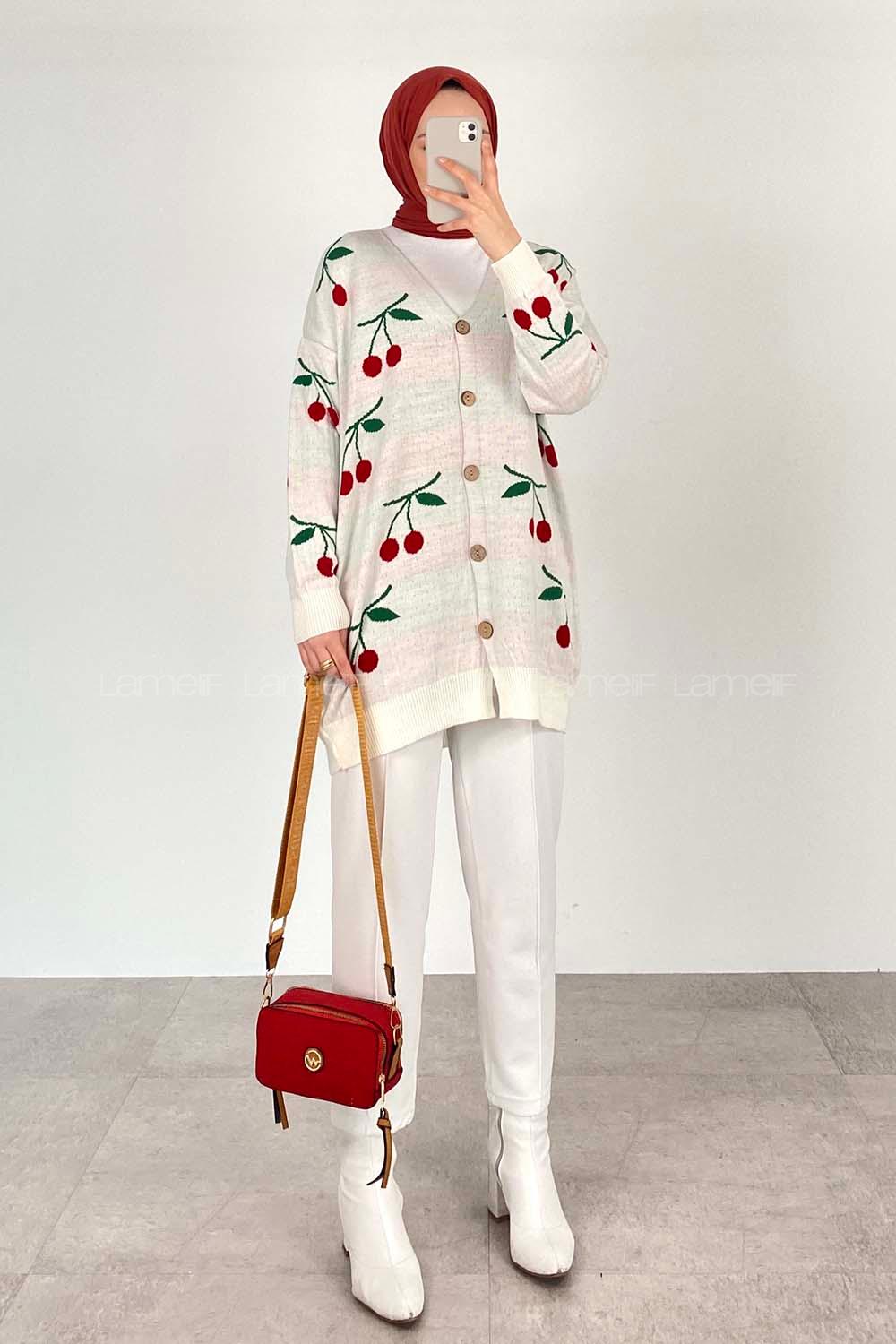 Modalamelif Kiraz Desenli Hırka Beyaz