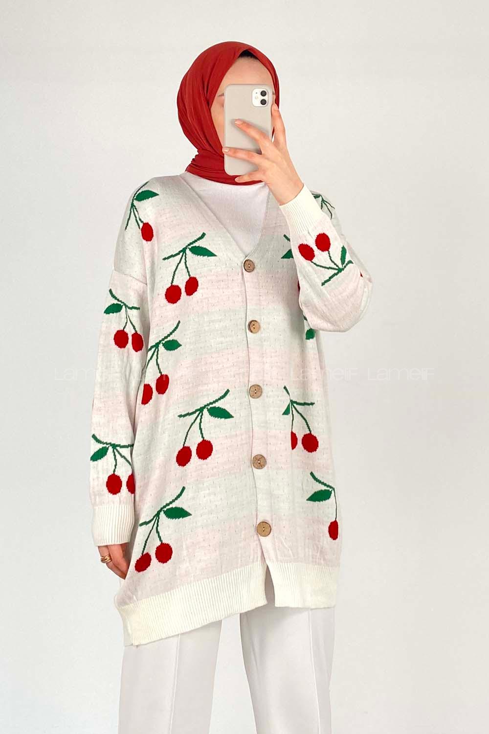 Modalamelif Kiraz Desenli Hırka Beyaz