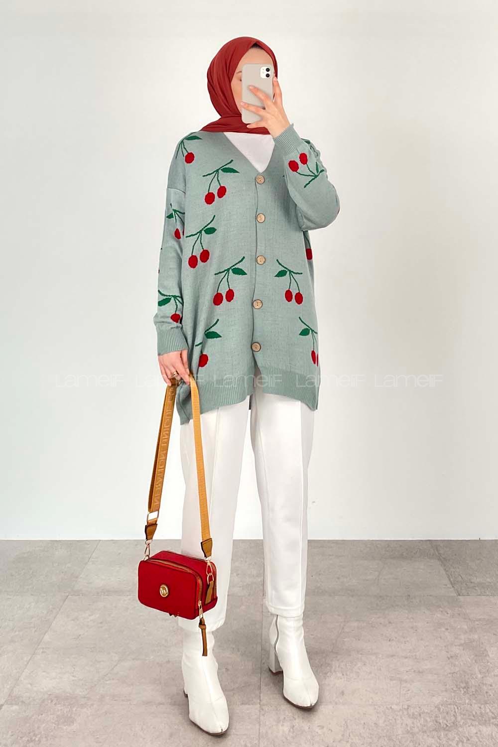 Modalamelif Kiraz Desenli Hırka Çağla