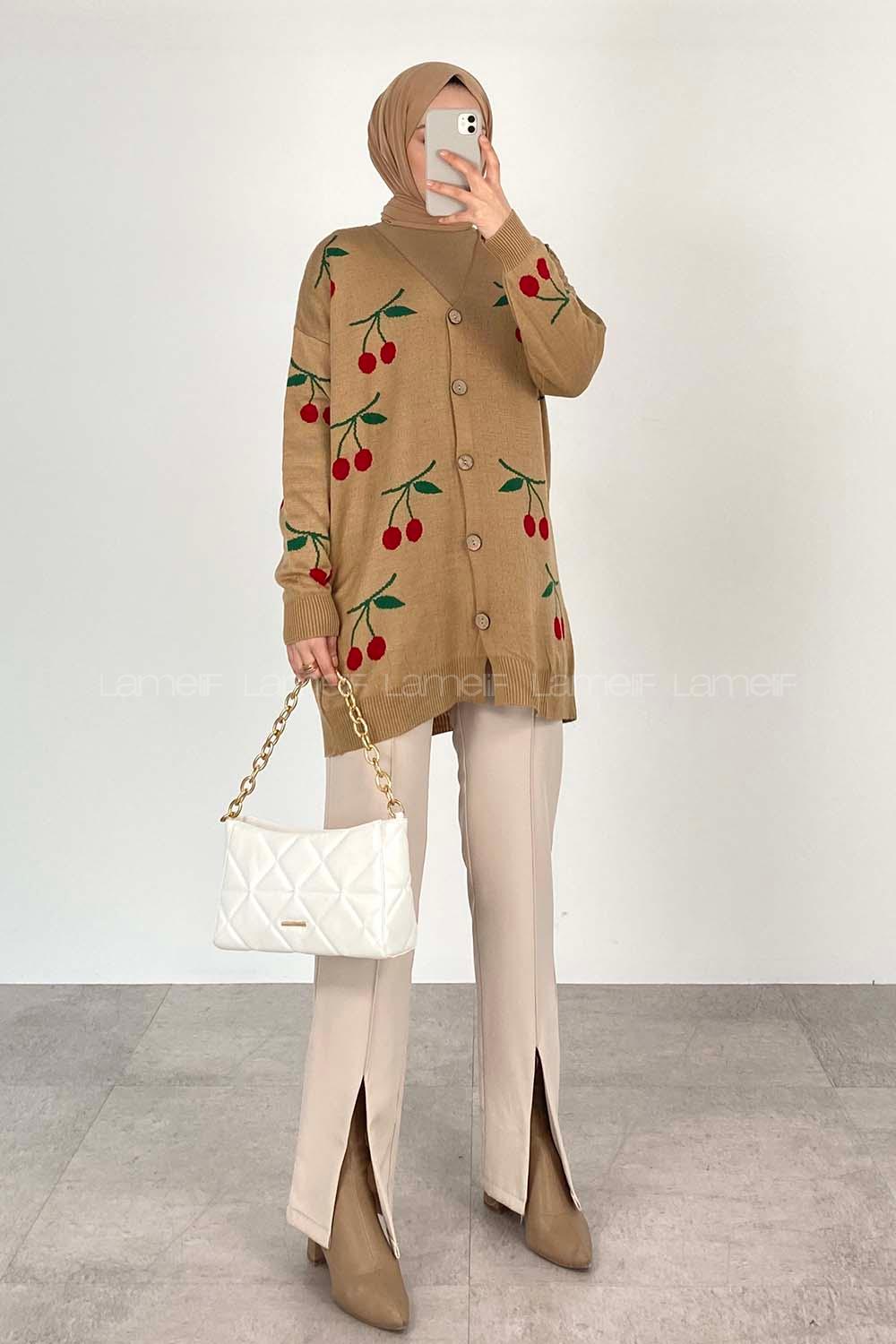 Modalamelif Kiraz Desenli Hırka Camel