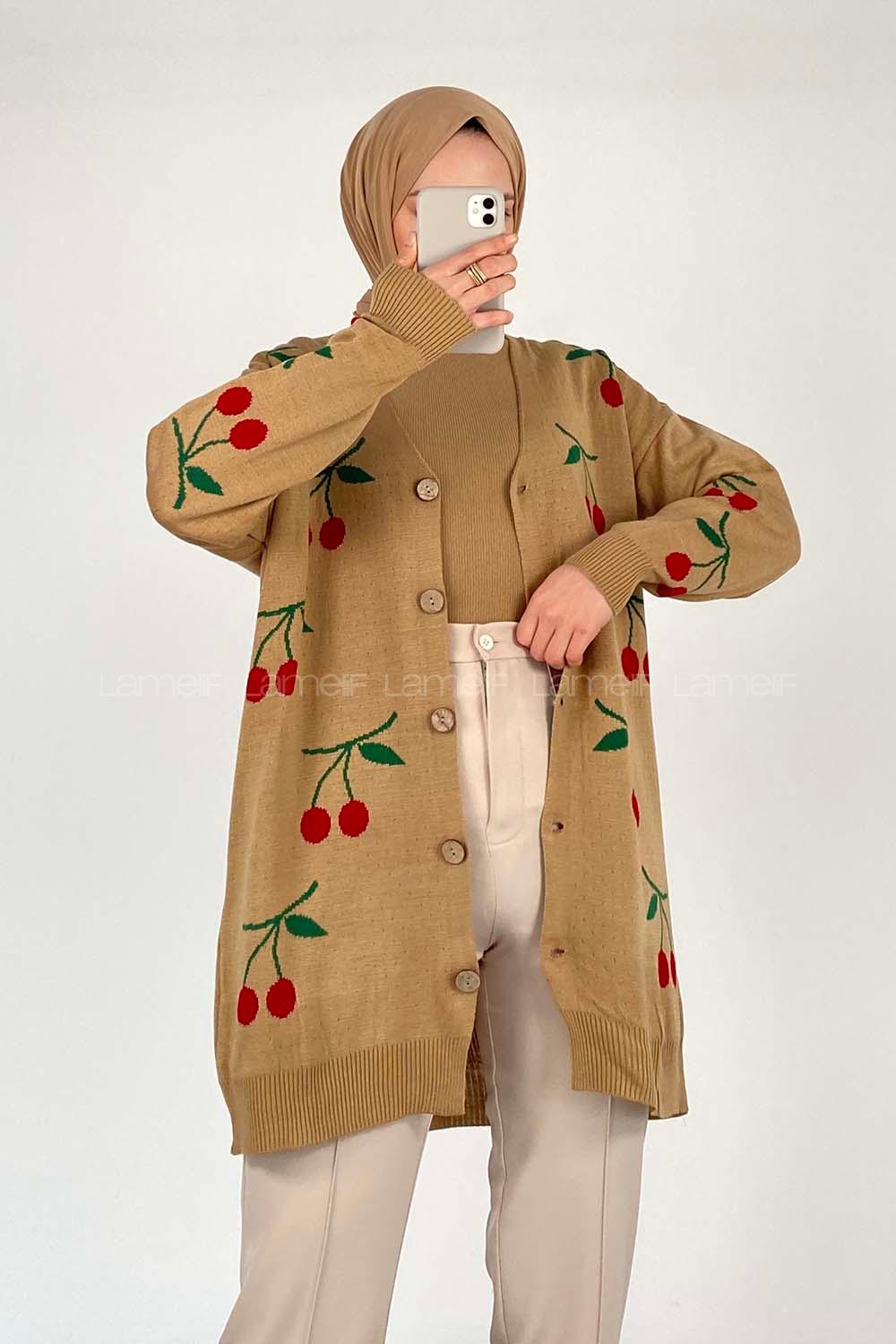 Modalamelif Kiraz Desenli Hırka Camel