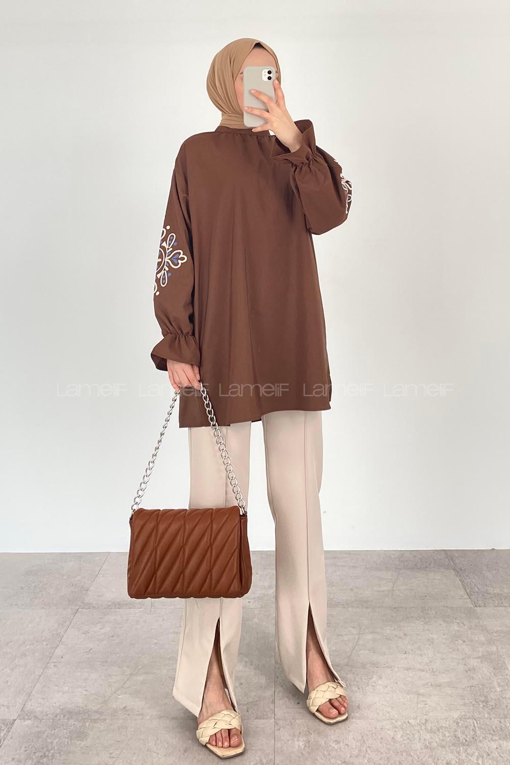 Lamelif Kol Baskılı Tunik Acı Kahve