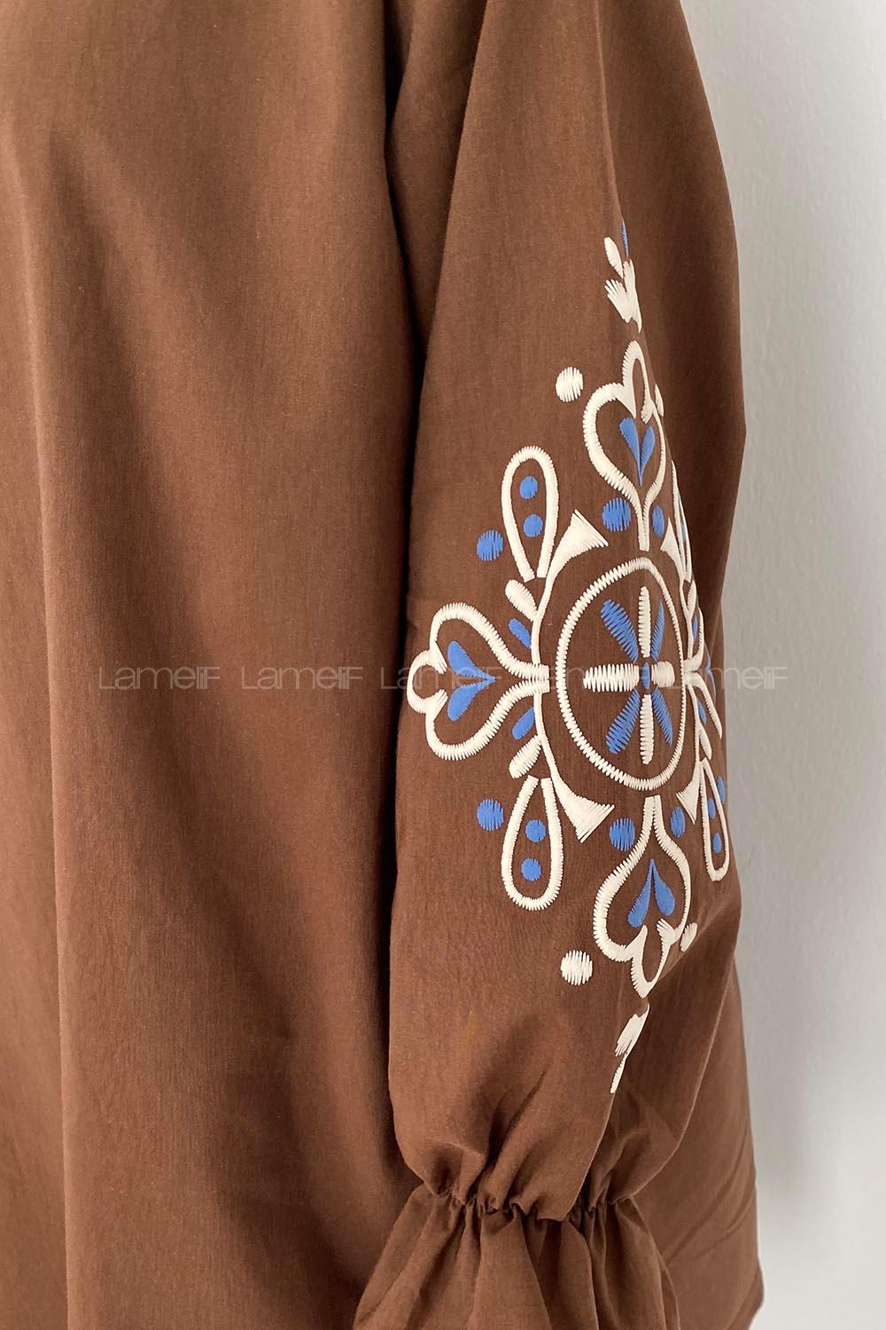 Lamelif Kol Baskılı Tunik Acı Kahve