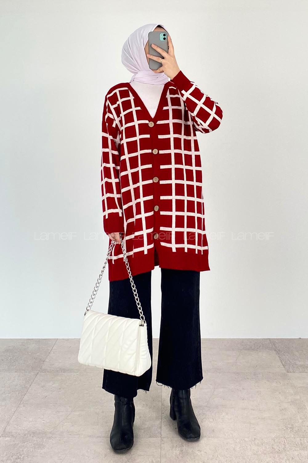 Modalamelif Çizgi Garnili Hırka Kırmızı