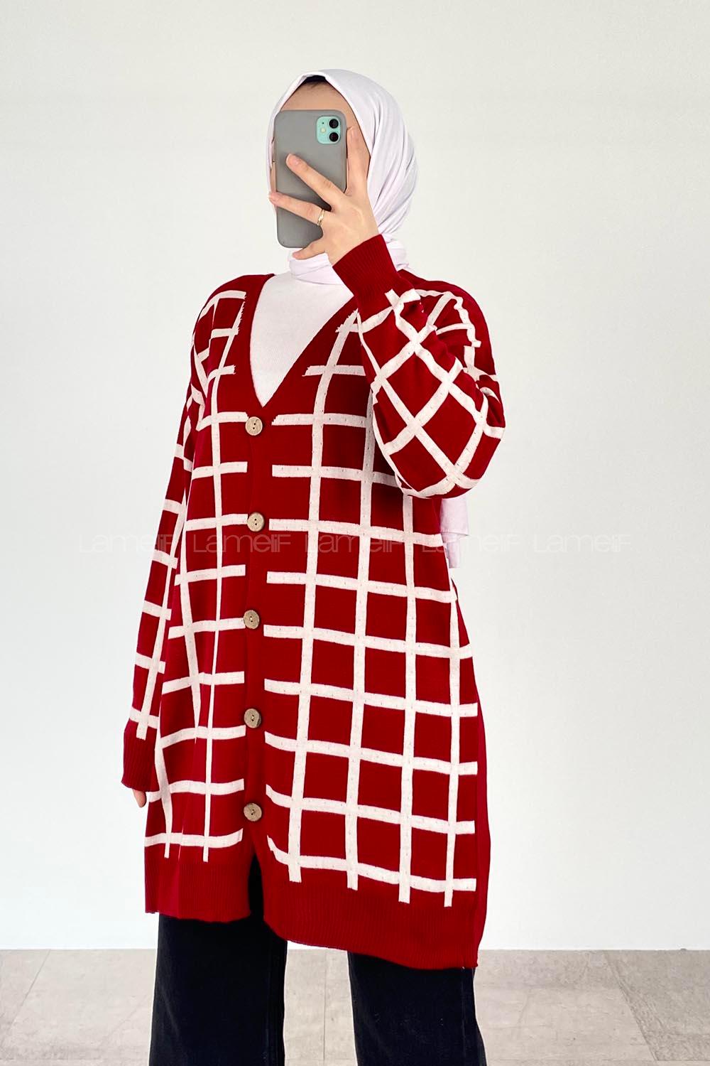 Modalamelif Çizgi Garnili Hırka Kırmızı