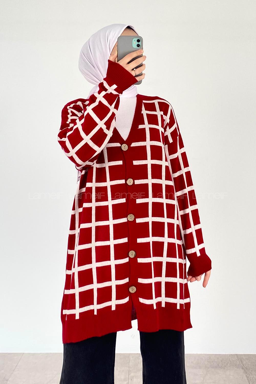 Modalamelif Çizgi Garnili Hırka Kırmızı