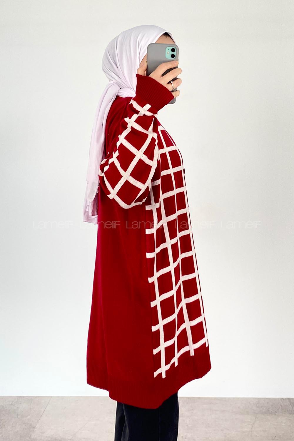 Modalamelif Çizgi Garnili Hırka Kırmızı