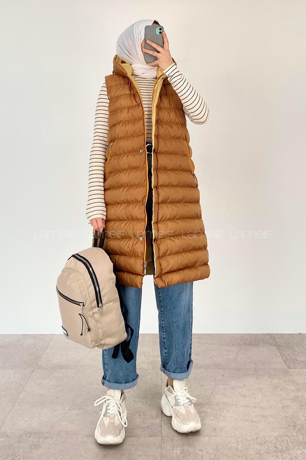 Modalamelif Kapşonlu Bohem Şişme Yelek Hardal Sarısı