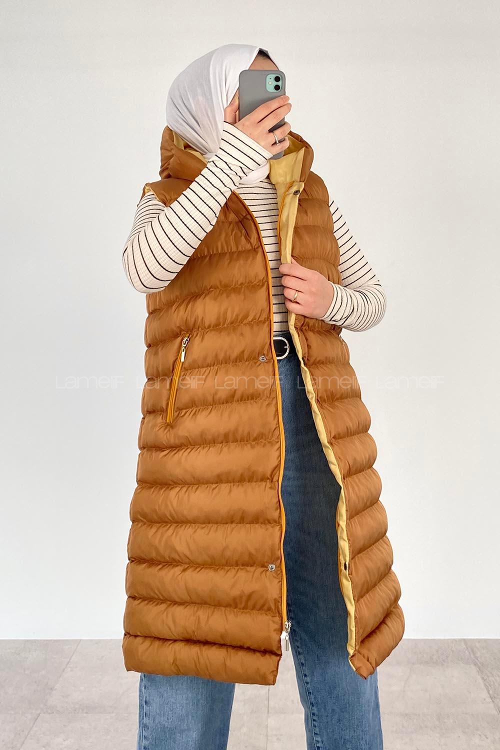 Modalamelif Kapşonlu Bohem Şişme Yelek Hardal Sarısı