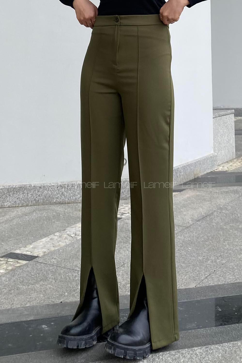 Modalamelif Yırtmaç Detaylı Havuç Paça Pantolon Haki