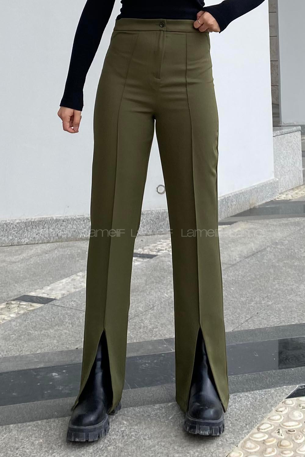 Modalamelif Yırtmaç Detaylı Havuç Paça Pantolon Haki