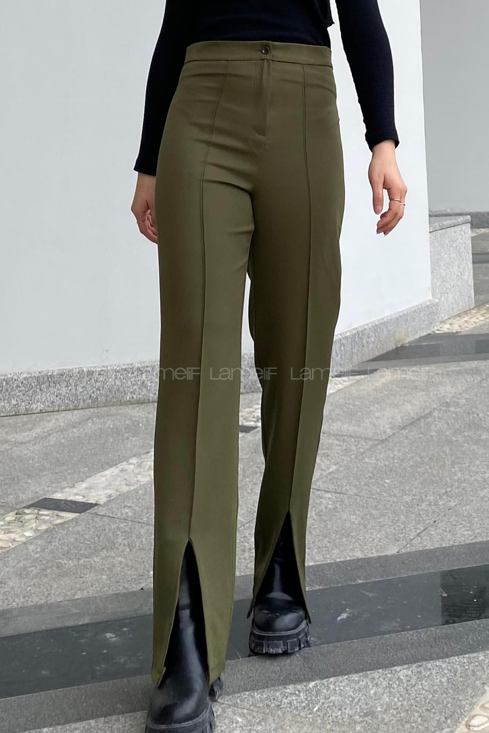 Modalamelif Yırtmaç Detaylı Havuç Paça Pantolon Haki