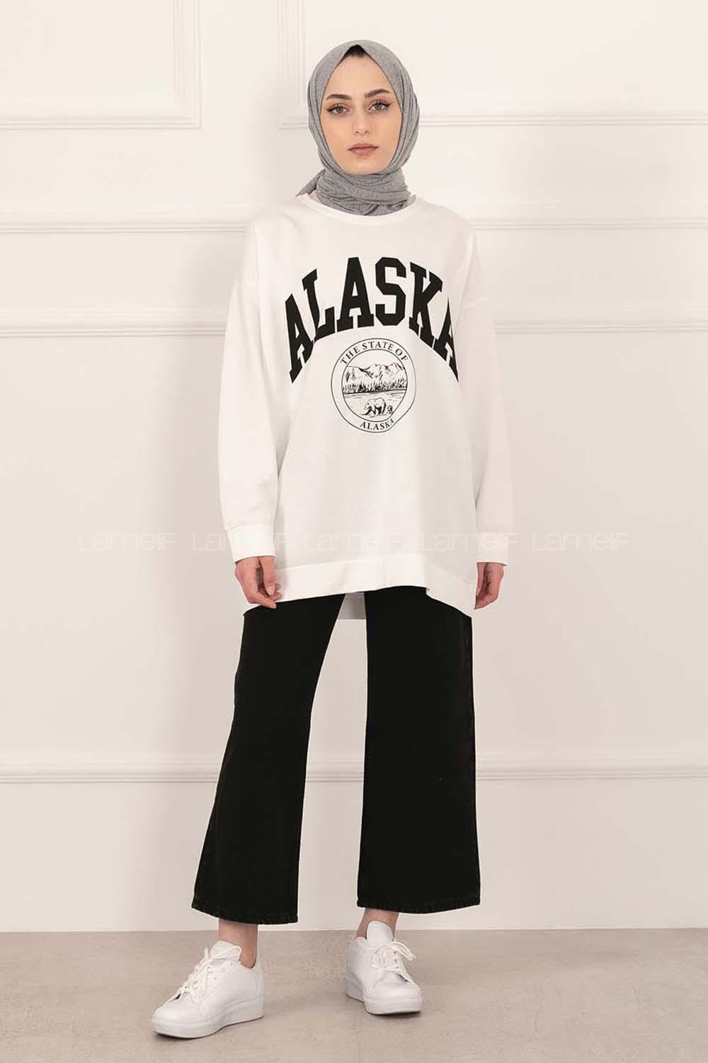 Modalamelif Bisiklet Yaka Alaska Baskı Detaylı Sweat Beyaz