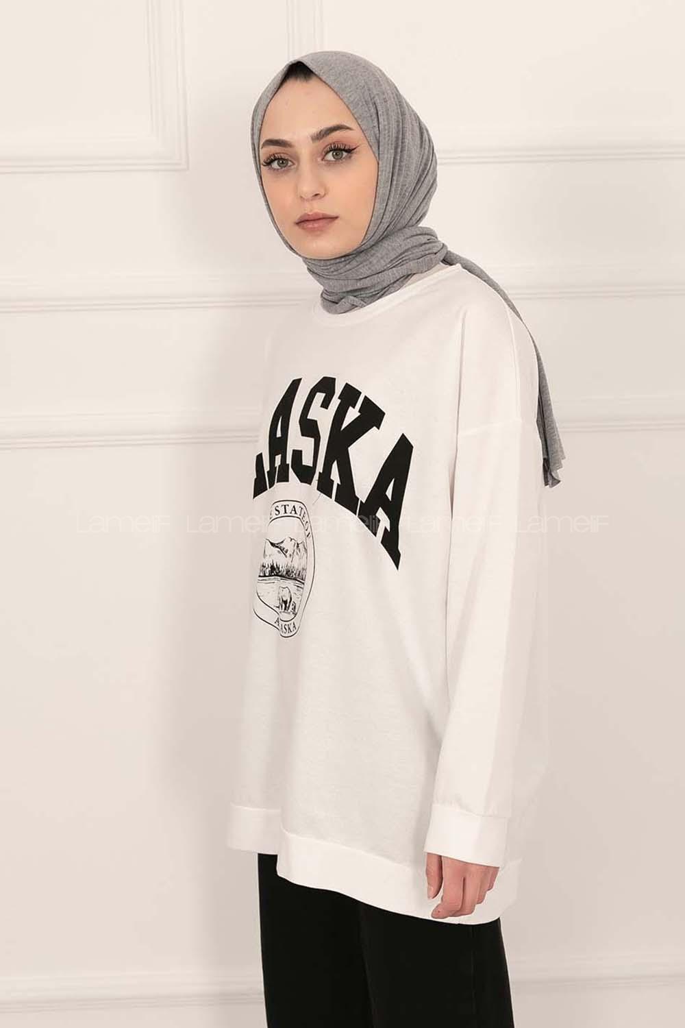 Modalamelif Bisiklet Yaka Alaska Baskı Detaylı Sweat Beyaz