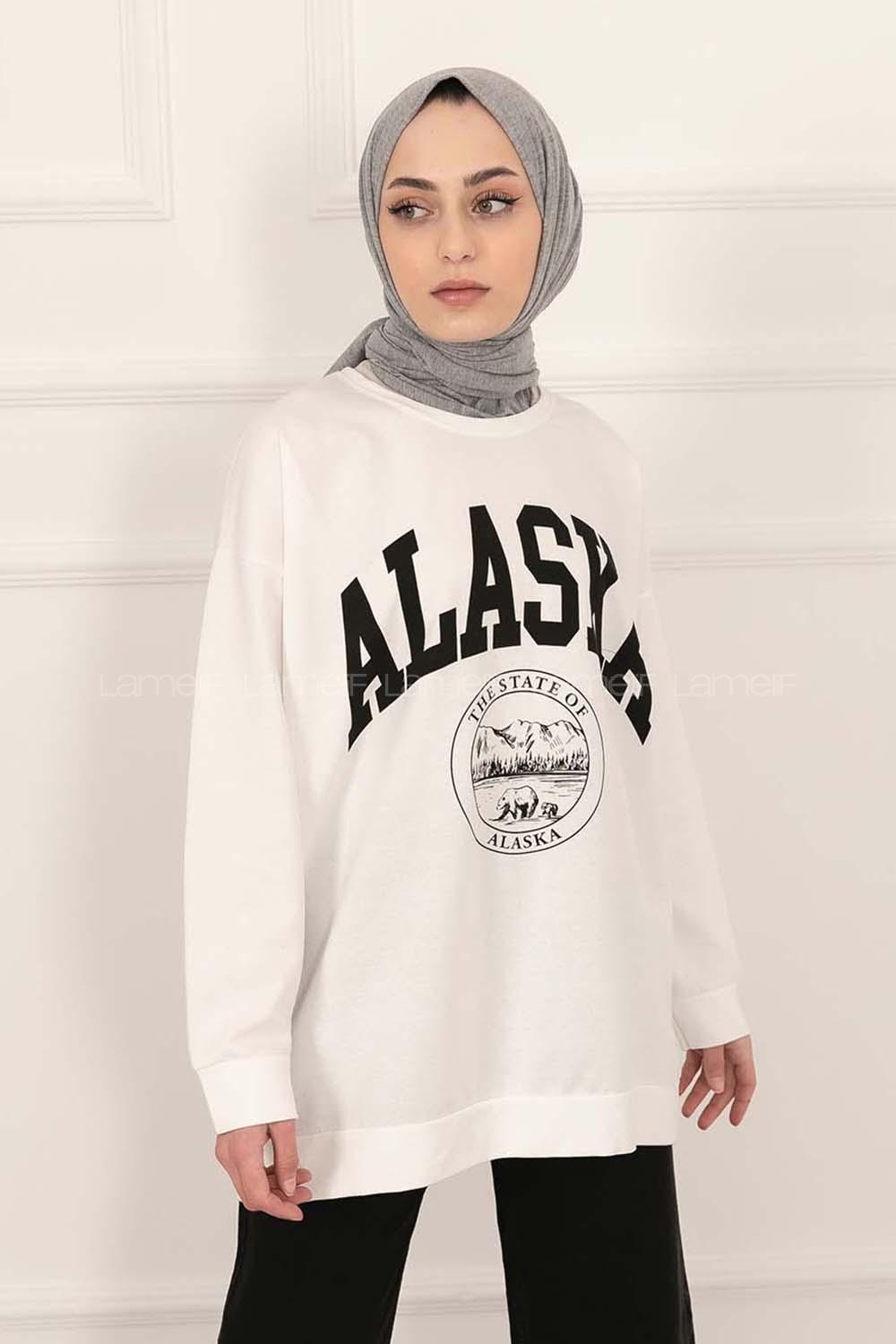 Modalamelif Bisiklet Yaka Alaska Baskı Detaylı Sweat Beyaz