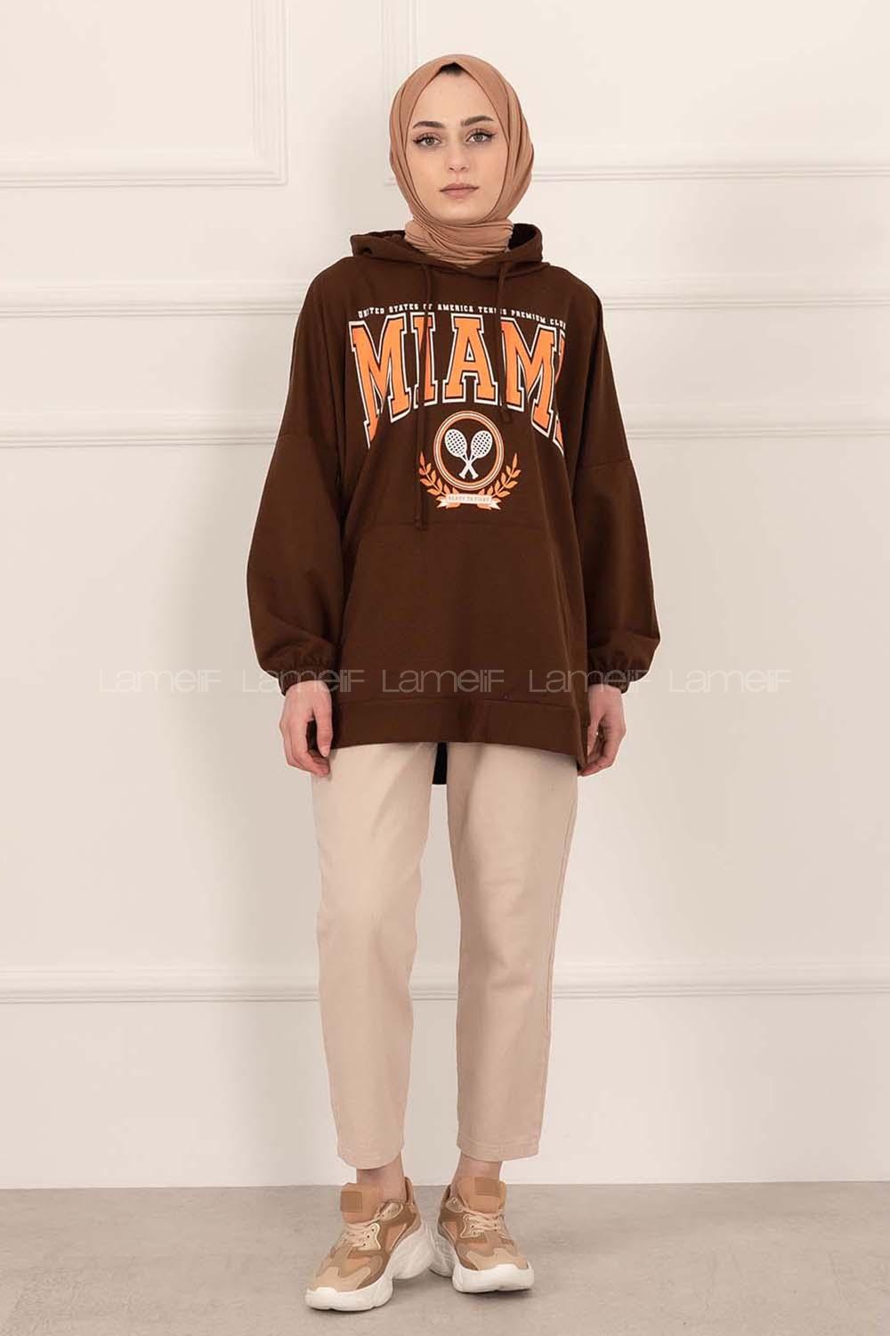 Modalamelif Kapüşonlu Miami Baskı Detaylı Sweat Acıkahve