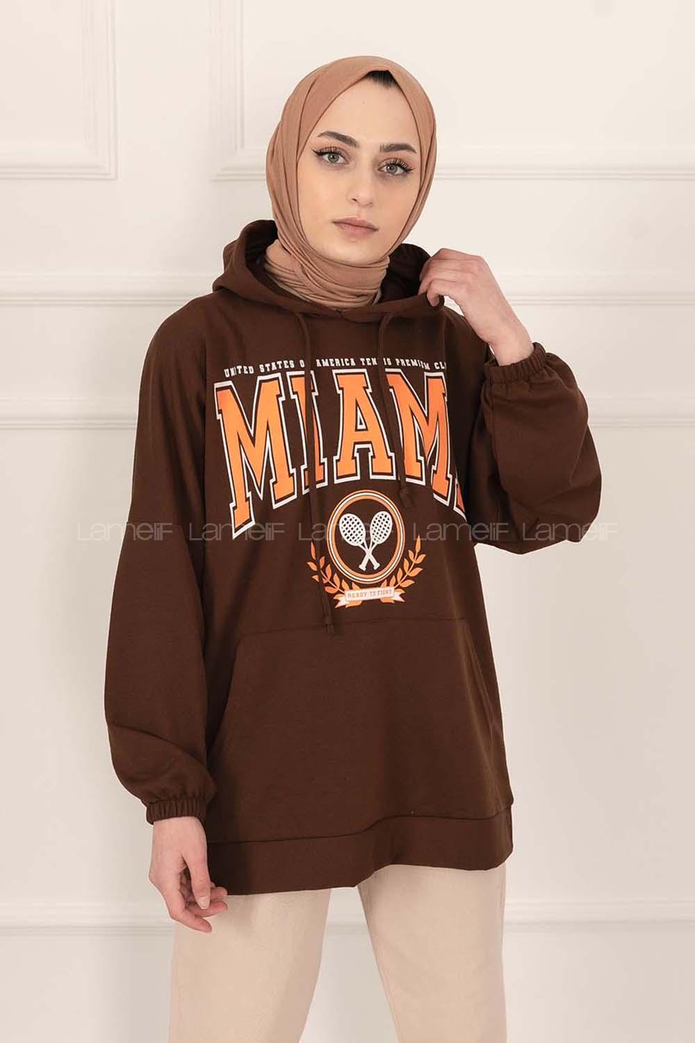 Modalamelif Kapüşonlu Miami Baskı Detaylı Sweat Acıkahve