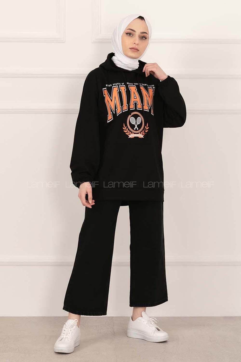 Modalamelif Kapüşonlu Miami Baskı Detaylı Sweat Siyah