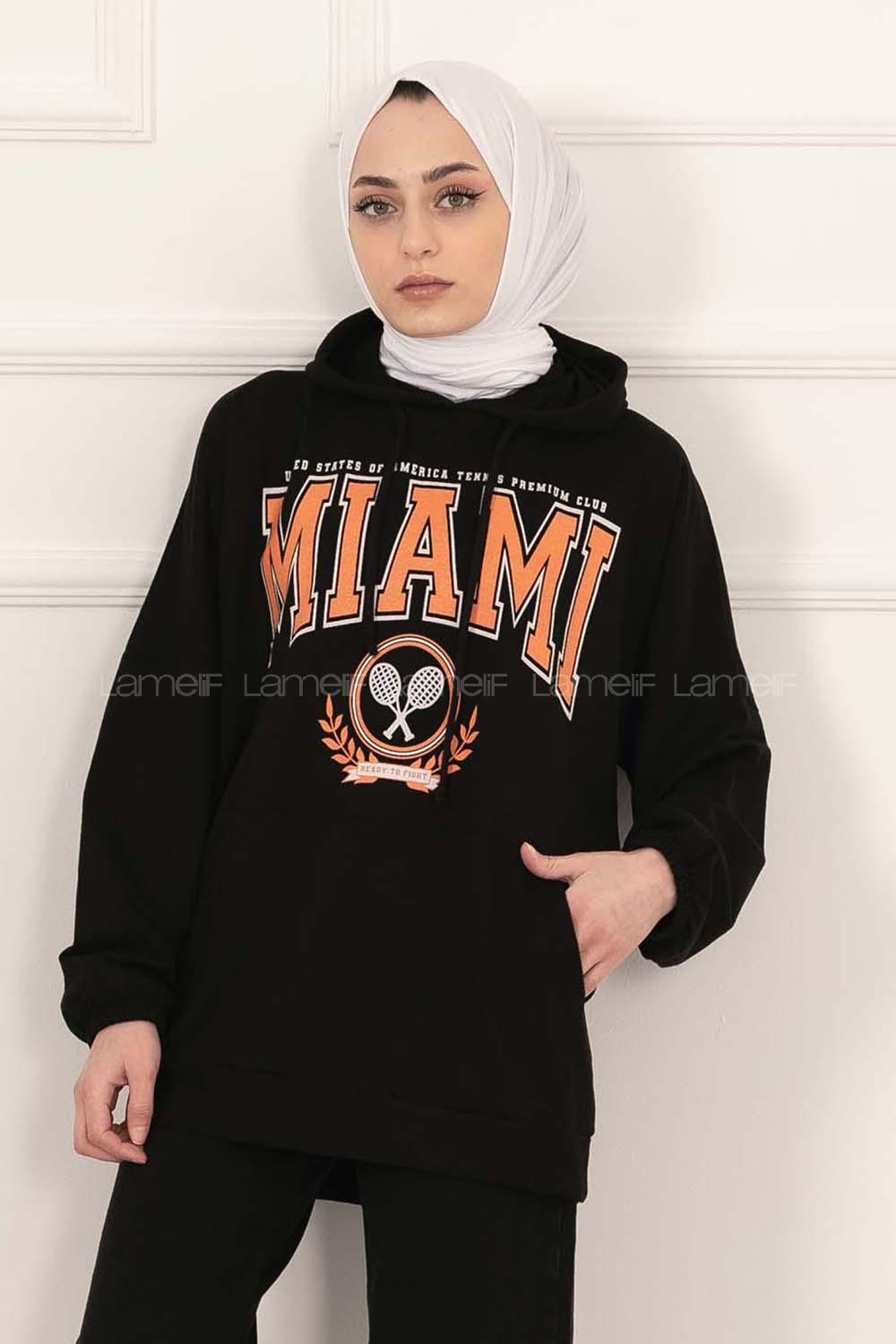 Modalamelif Kapüşonlu Miami Baskı Detaylı Sweat Siyah