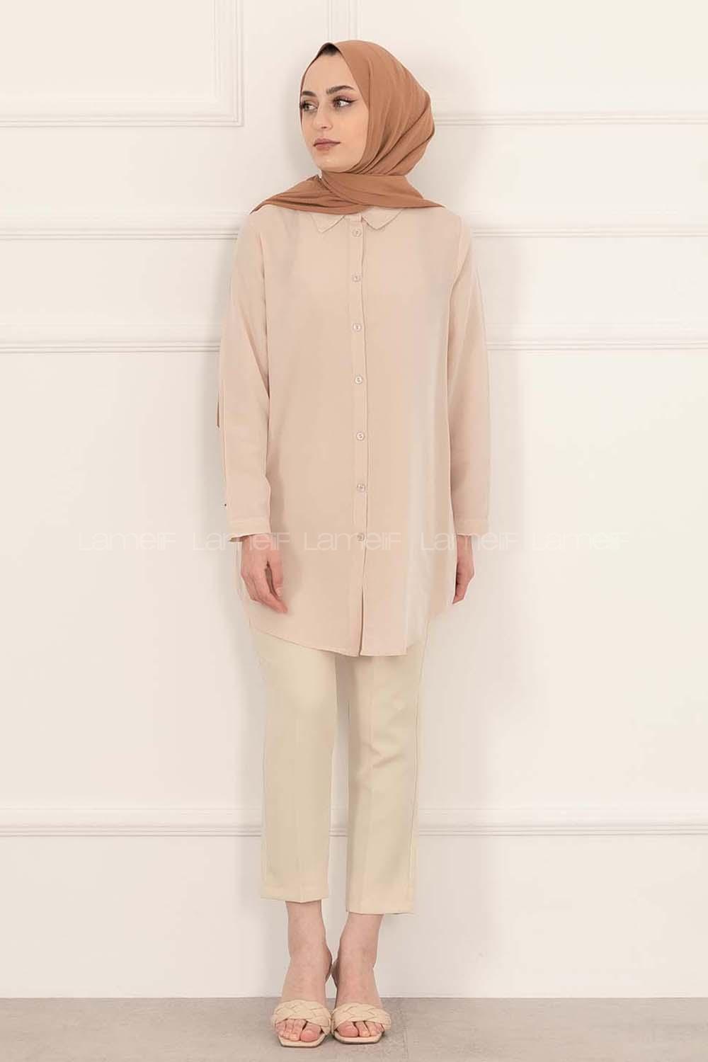 Modalamelif Önü Boydan  Düğmeli Boyfriend Gömlek Taş