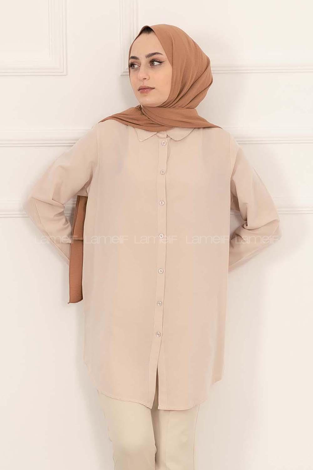 Modalamelif Önü Boydan  Düğmeli Boyfriend Gömlek Taş