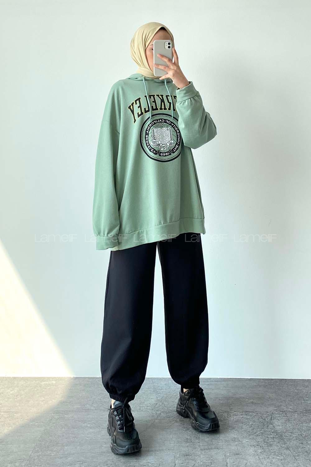 Modalamelif Berkeley Yazı Baskılı Kapüşonlu Sweat Çağla Yeşili