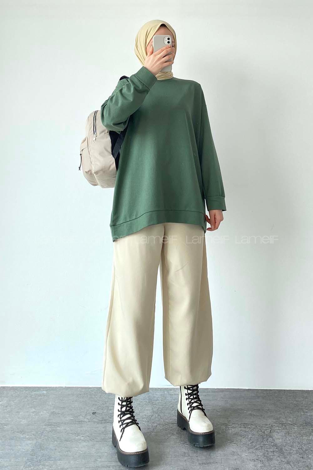 Modalamelif Bisiklet Yaka Kol Ve Etek Ucu Manşetli Sweat Pastel Yeşili