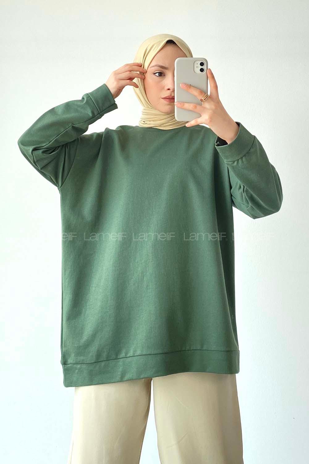 Modalamelif Bisiklet Yaka Kol Ve Etek Ucu Manşetli Sweat Pastel Yeşili