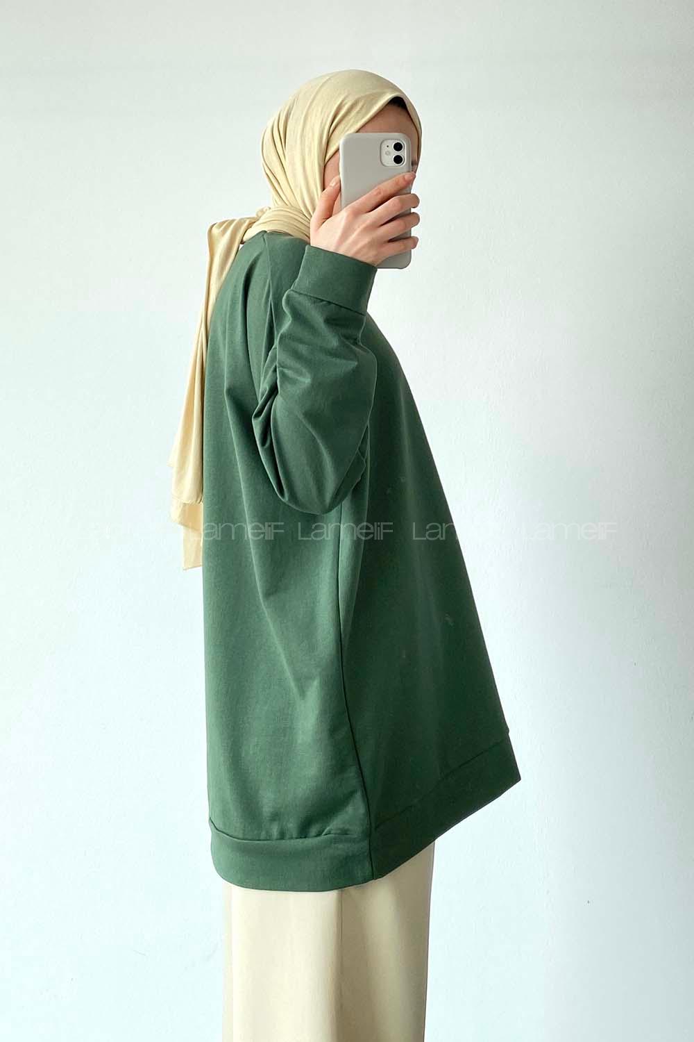 Modalamelif Bisiklet Yaka Kol Ve Etek Ucu Manşetli Sweat Pastel Yeşili