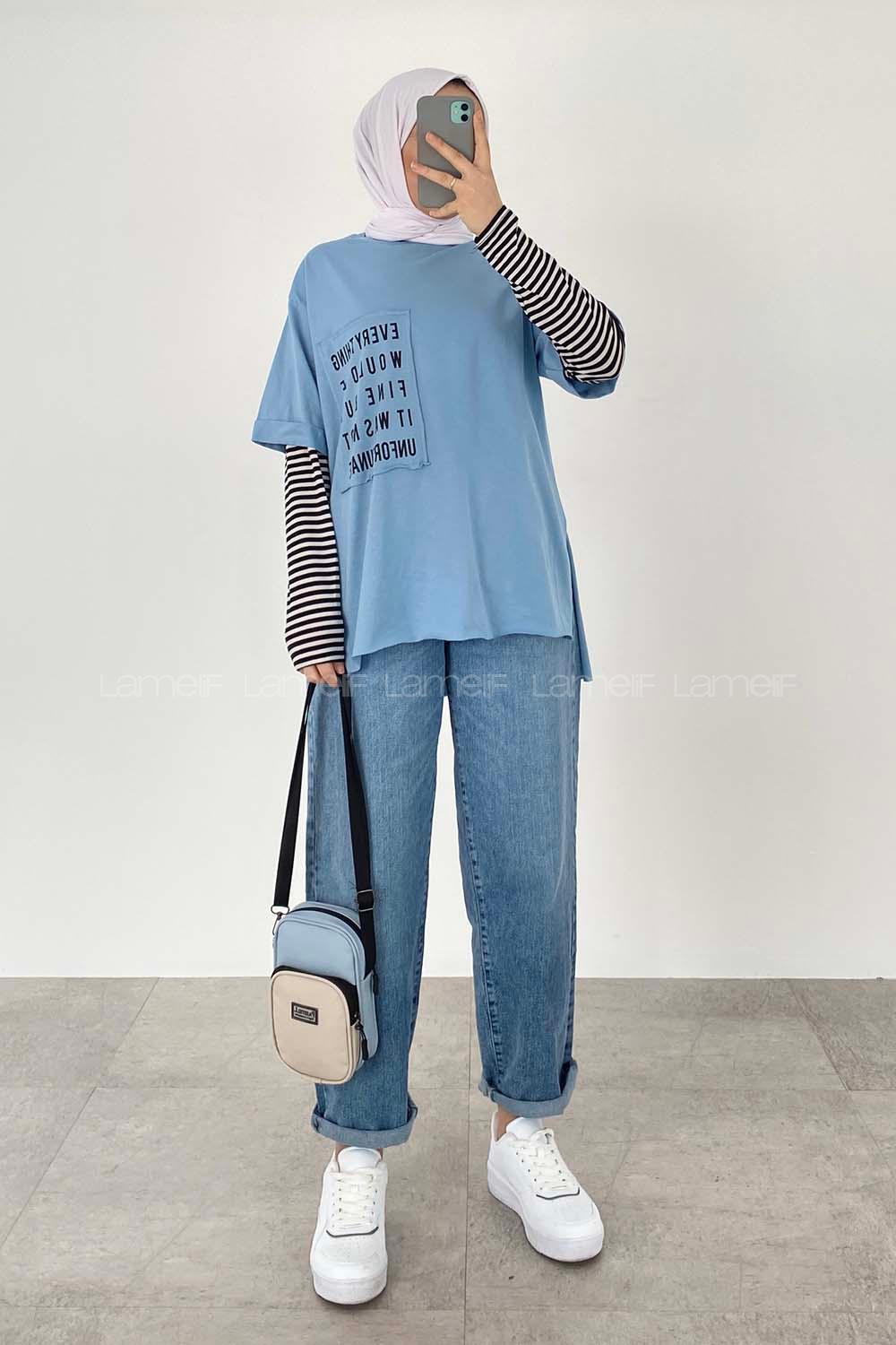 Modalamelif Everything Baskılı  Duble Kol Yan Yırtmaçlı T-Shirt Açık Mavi