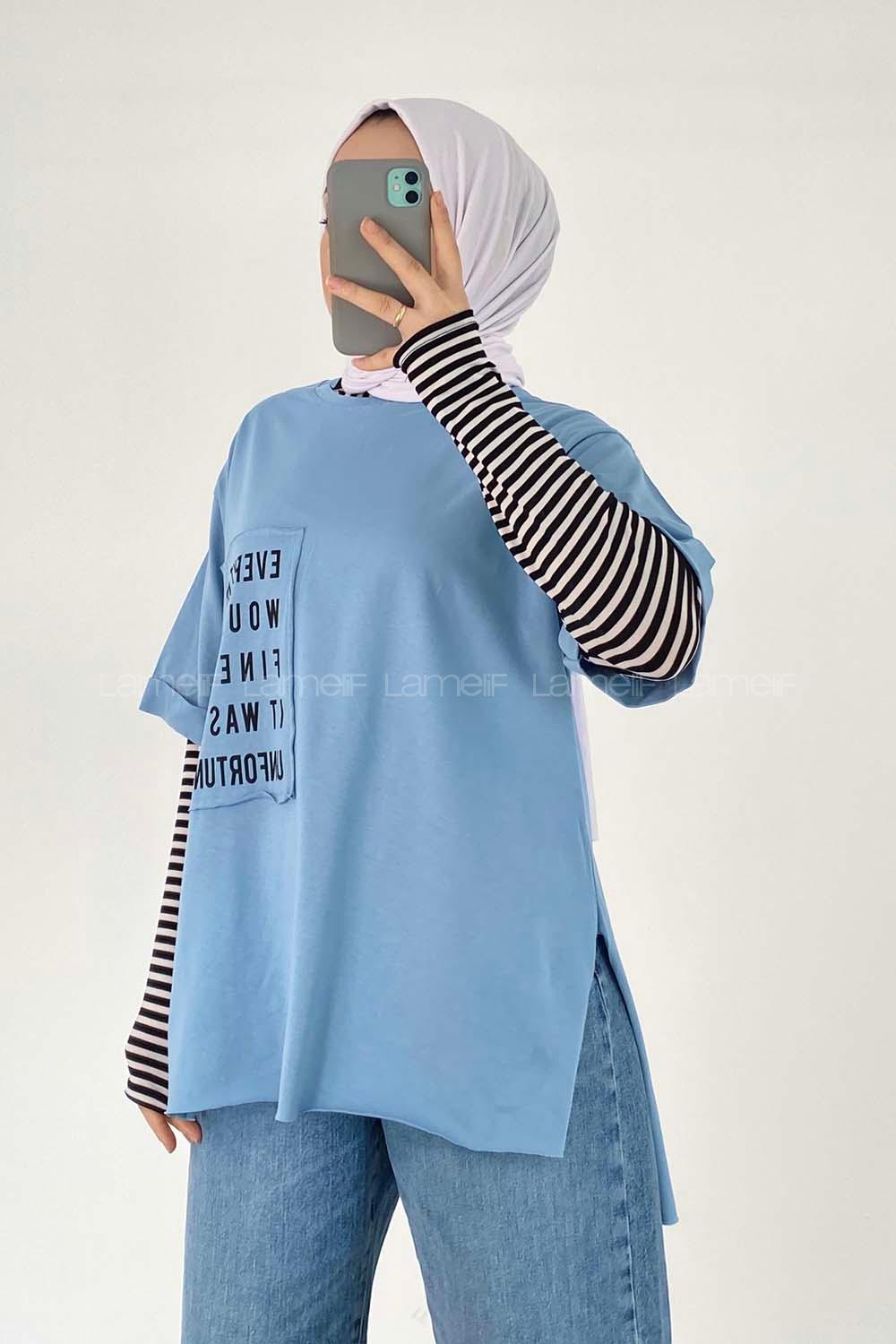 Modalamelif Everything Baskılı  Duble Kol Yan Yırtmaçlı T-Shirt Açık Mavi