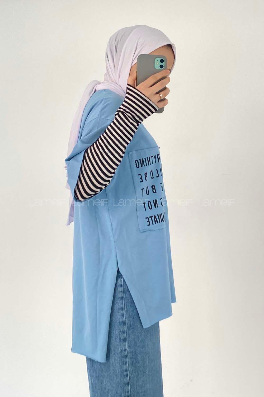 Modalamelif Everything Baskılı  Duble Kol Yan Yırtmaçlı T-Shirt Açık Mavi