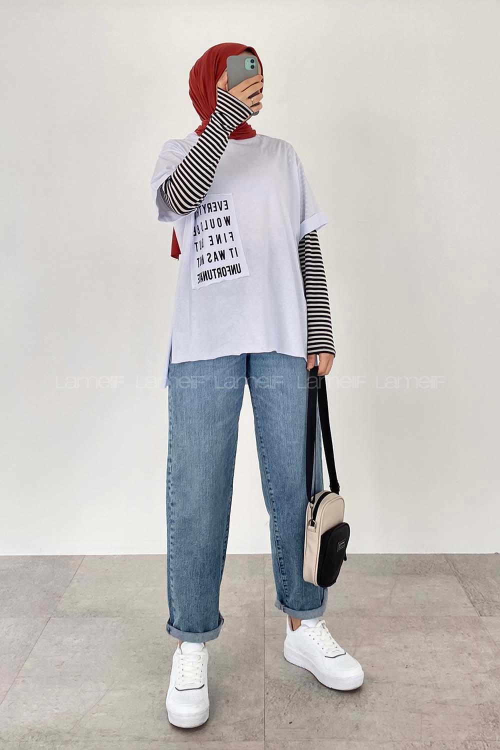 Modalamelif Everything Baskılı  Duble Kol Yan Yırtmaçlı T-Shirt Beyaz