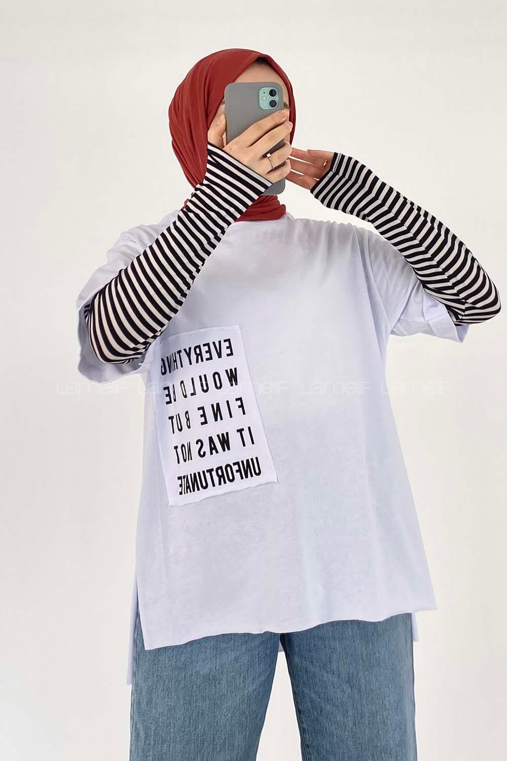 Modalamelif Everything Baskılı  Duble Kol Yan Yırtmaçlı T-Shirt Beyaz