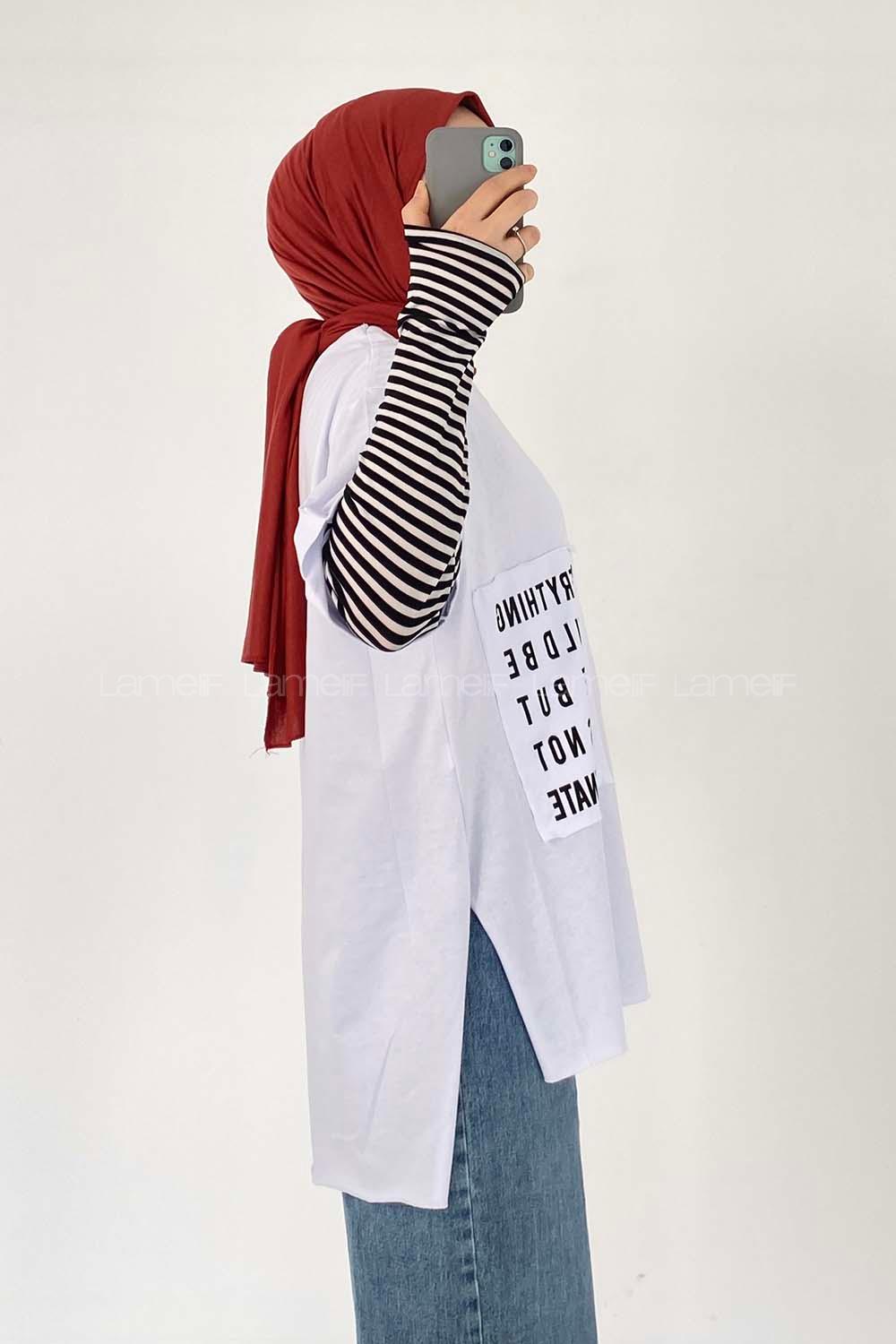 Modalamelif Everything Baskılı  Duble Kol Yan Yırtmaçlı T-Shirt Beyaz