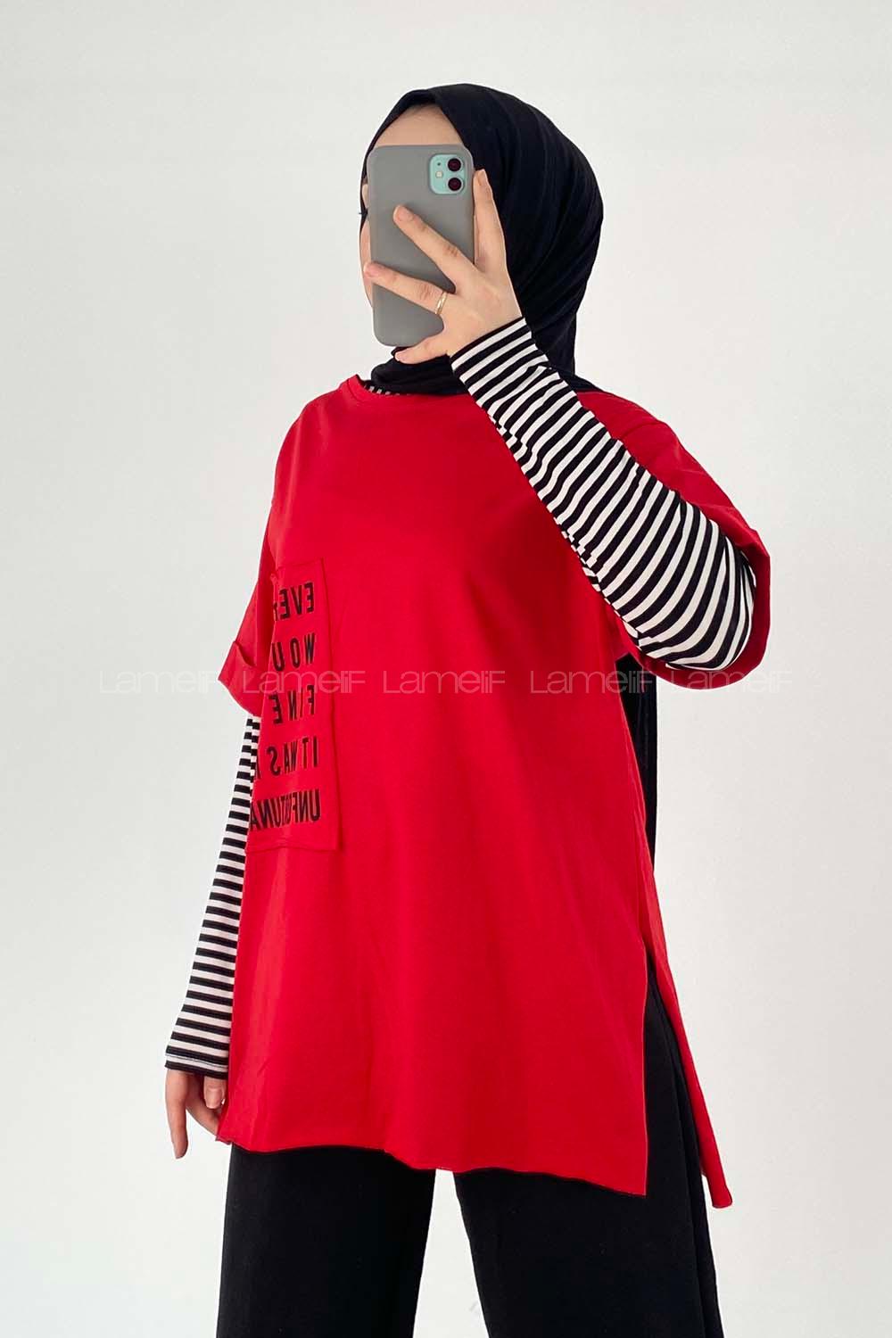 Modalamelif Everything Baskılı  Duble Kol Yan Yırtmaçlı T-Shirt Kırmızı