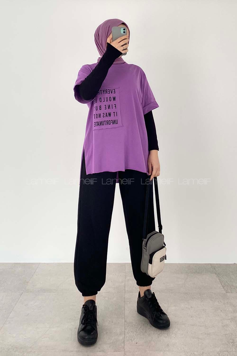 Modalamelif Everything Baskılı  Duble Kol Yan Yırtmaçlı T-Shirt Mor