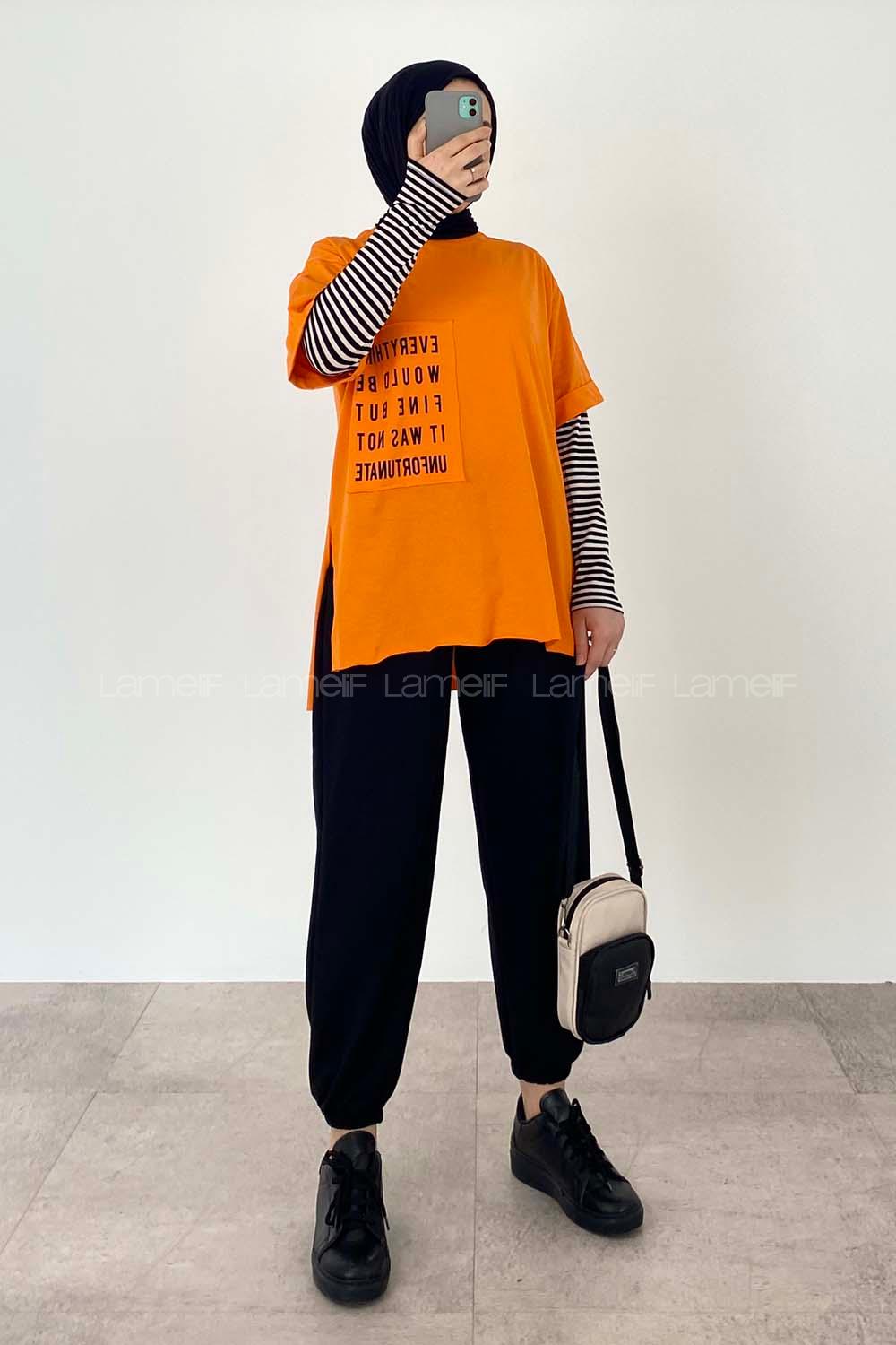 Modalamelif Everything Baskılı  Duble Kol Yan Yırtmaçlı T-Shirt Oranj